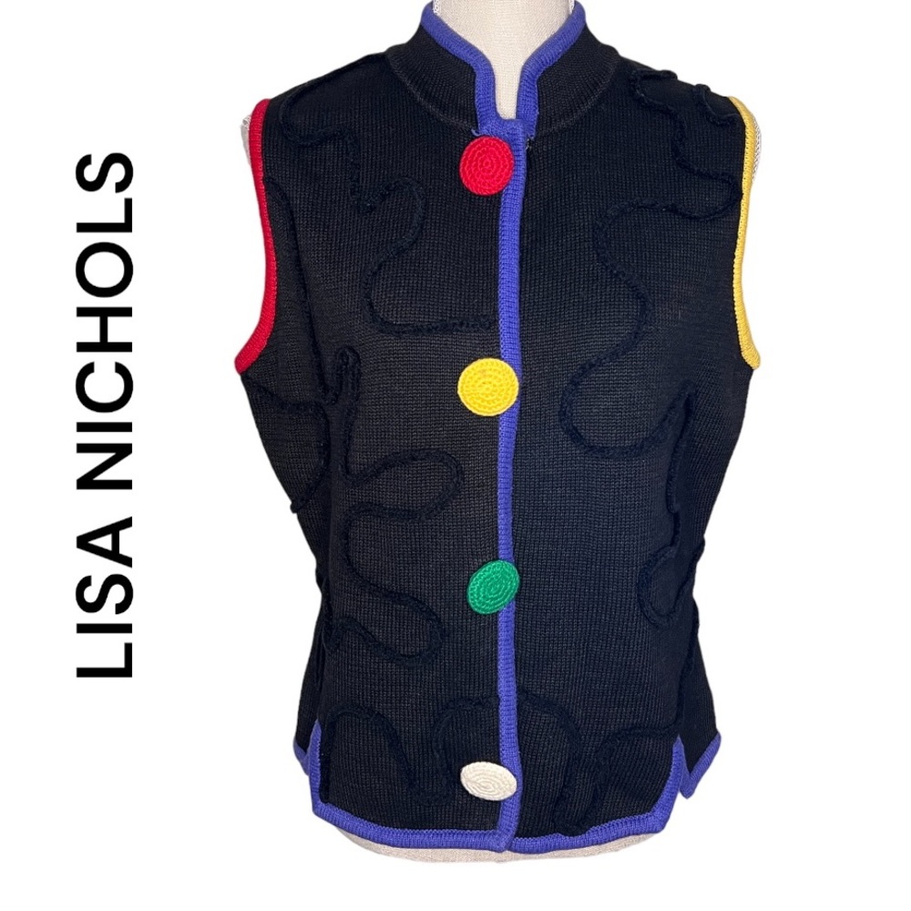 LISA NICHOLS Vintage Black Knit Sweater Vest, Colorful Buttons and Edge Medium